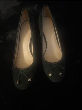 Tory Burch Black Suede Bow block low heel with Logo Charms